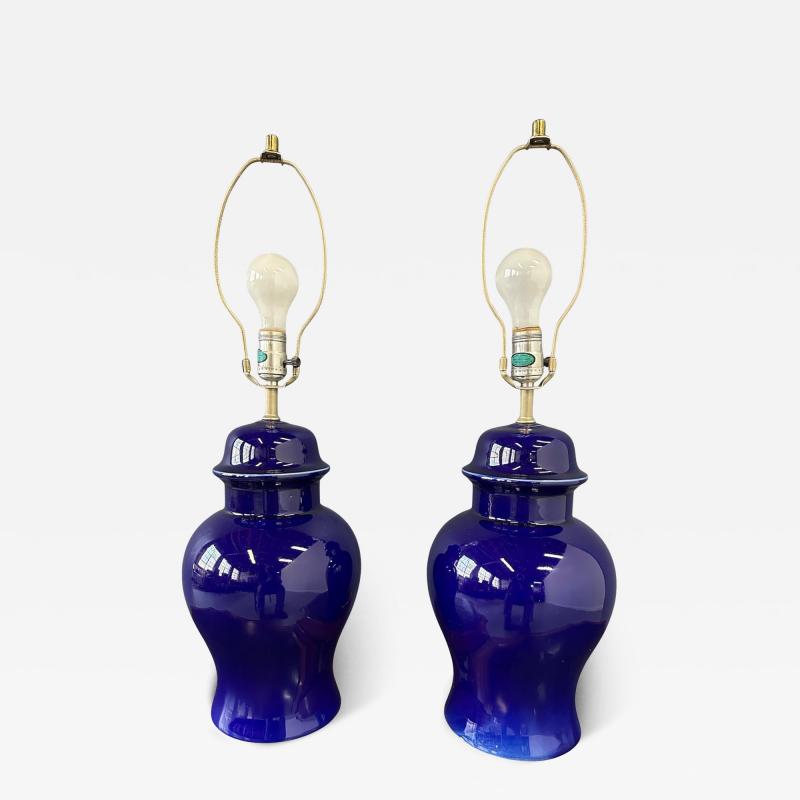1970s Pair of Ginger Jar Shaped Ceramic Lamps in Cobalt Blue by CN Burman