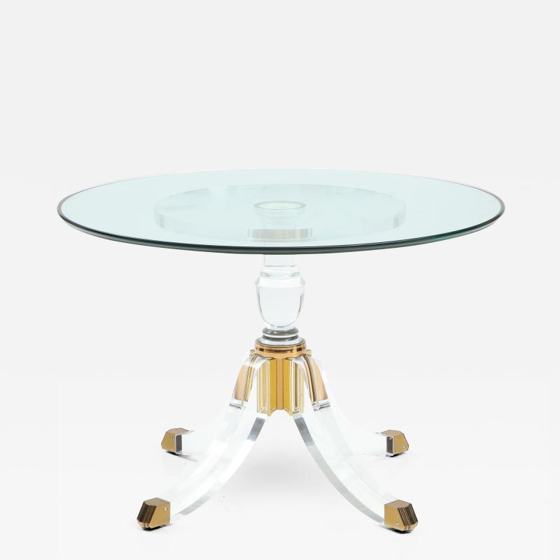 1970s Pedestal Base Lucite And Brass Signed Dining Table