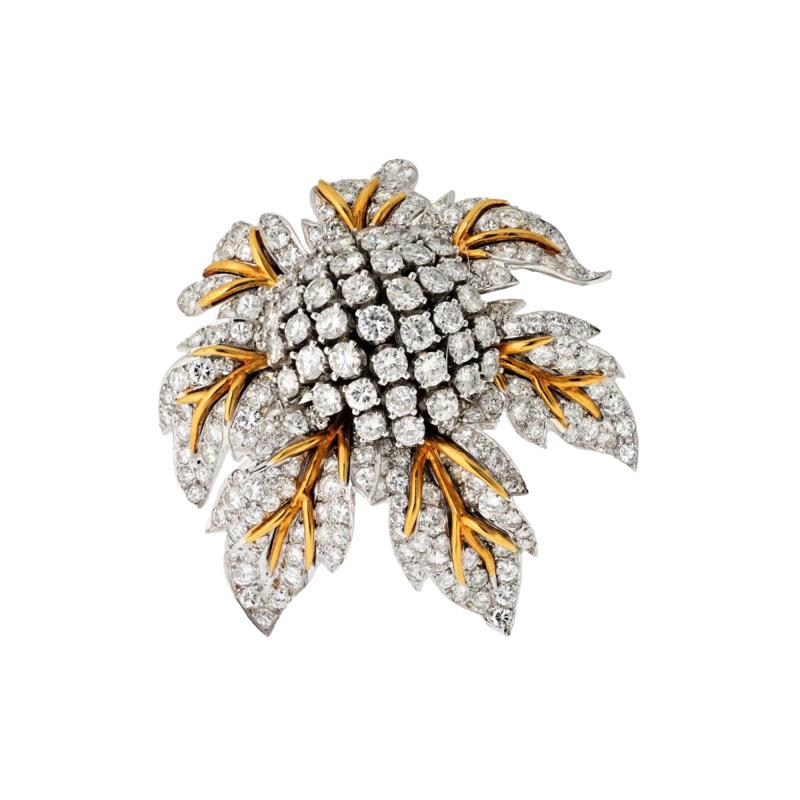 1970s Platinum 18K Yellow Gold 25 Carat Diamond Flower Brooch