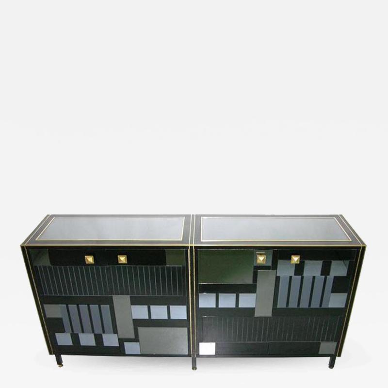 1970s Unique Italian Black and Mirrored Modern Credenza Sideboard