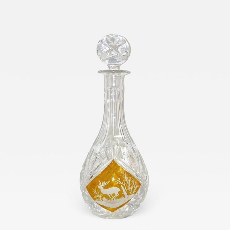 1970s Vintage Austrian Animal Engraved Overlaid Gold Amber Glass Liqueur Bottle