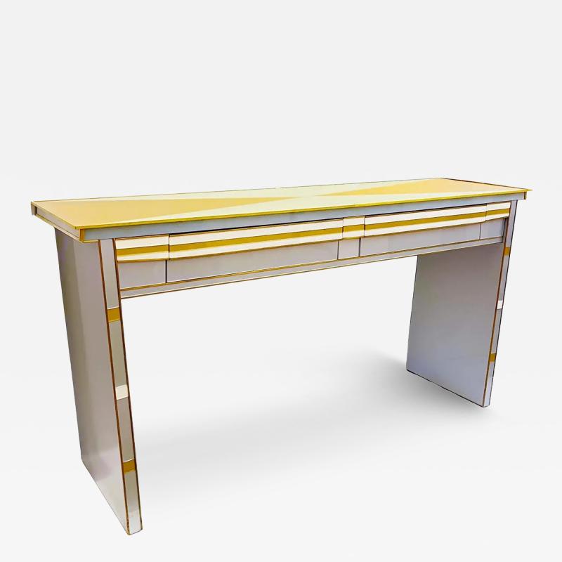 1970s Vintage Italian Art Deco Design Silver White Gold Glass 2 Drawer Console