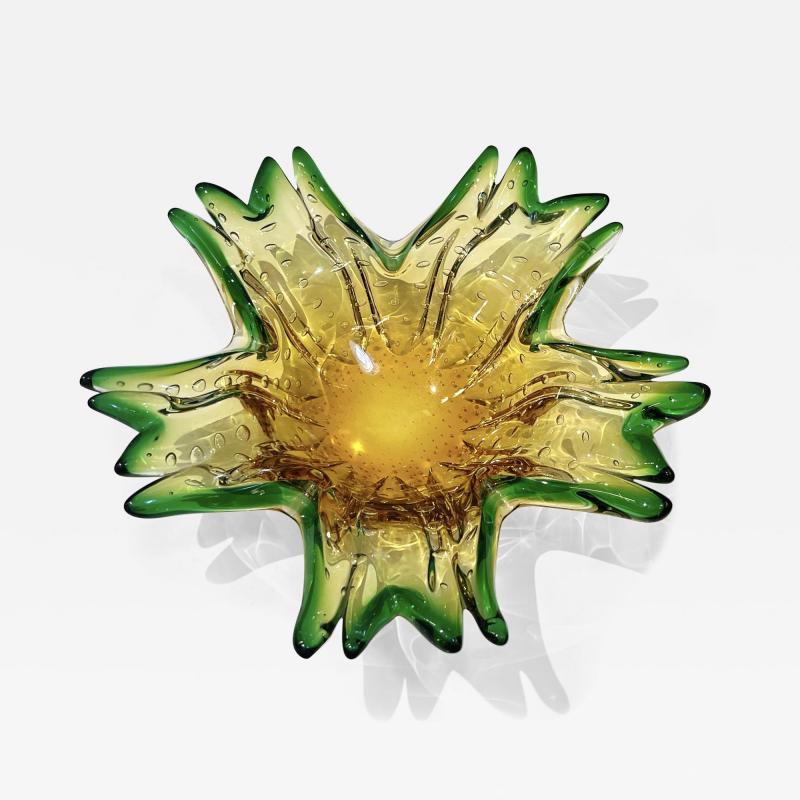 1970s Vintage Italian Green Amber Murano Glass Star Shaped Bowl Vide Poche
