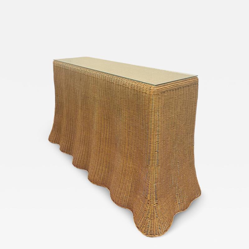 1970s Wicker Rattan Skirted Console Table