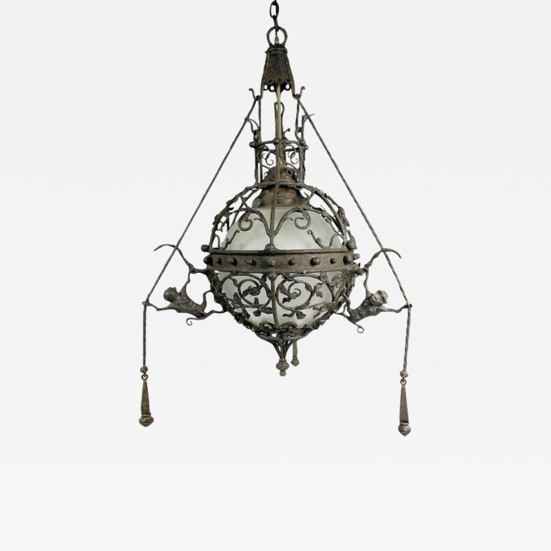 1970s Wrought Iron Glass Custom Chandelier