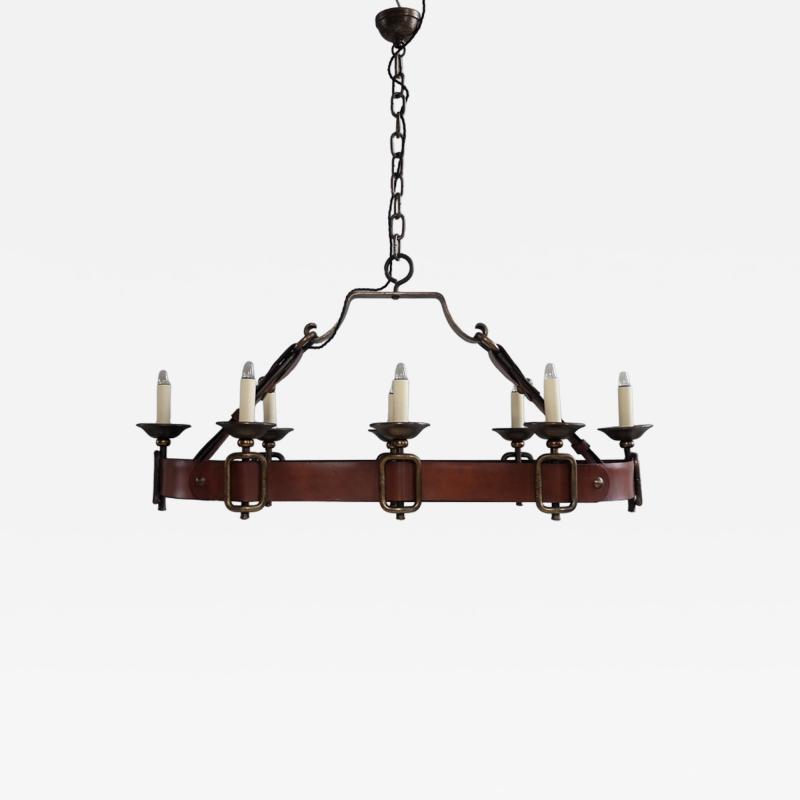 1970s iron and leather hanging light France