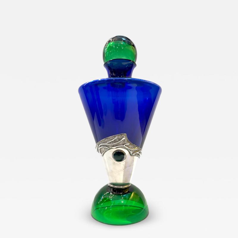 1980 Domar Israel Art Nouveau Style Green Cobalt Blue Glass Silver Bottle