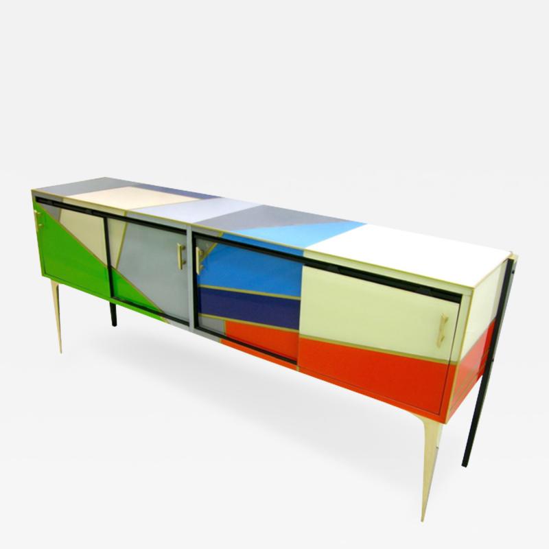 1980 One of a Kind Italian Modern Colored Glass Sideboard with Sliding Doors