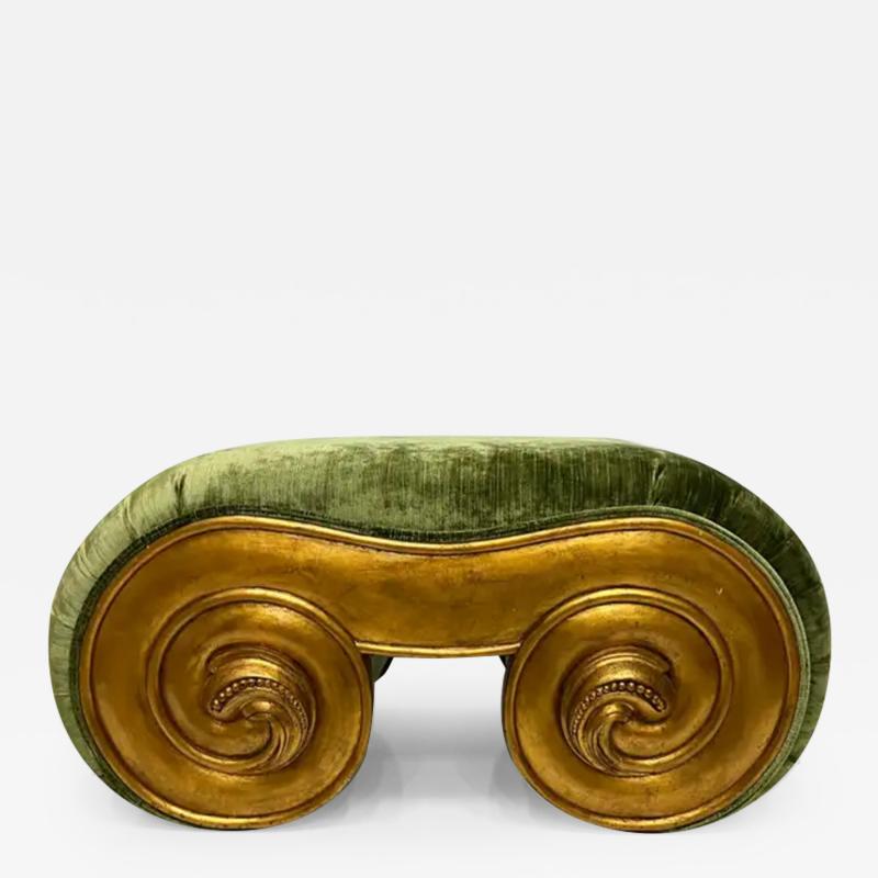 1980s Carved Giltwood Ionic Capital Upholstered Bench or Coffee Table