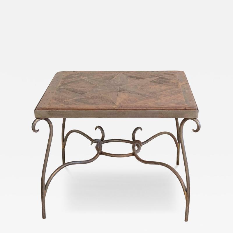 1980s French Coffee Table with Old Wind Rose Parquet Top and Wrought Iron Base