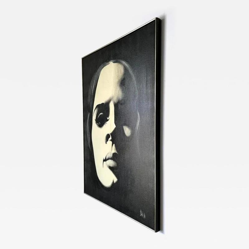 1980s Graphic Op Oil Painting Portrait of a Woman in Black By Davilla