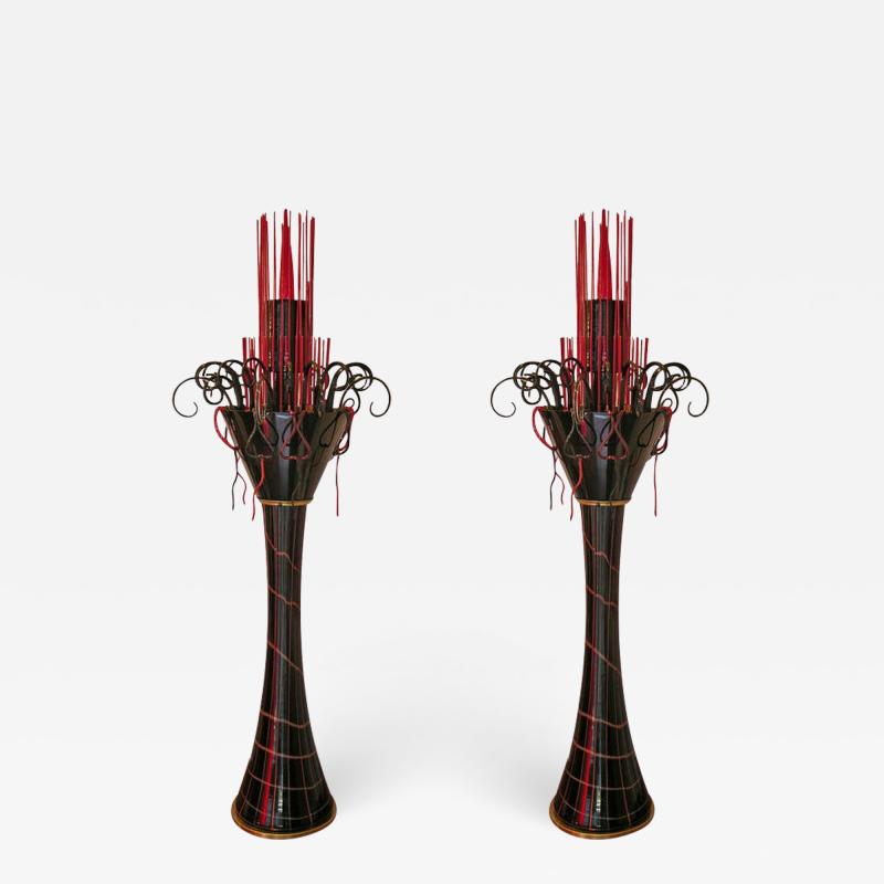 1980s Italian Modern Black and Red Murano Glass Pair of Fountain Floor Lamps