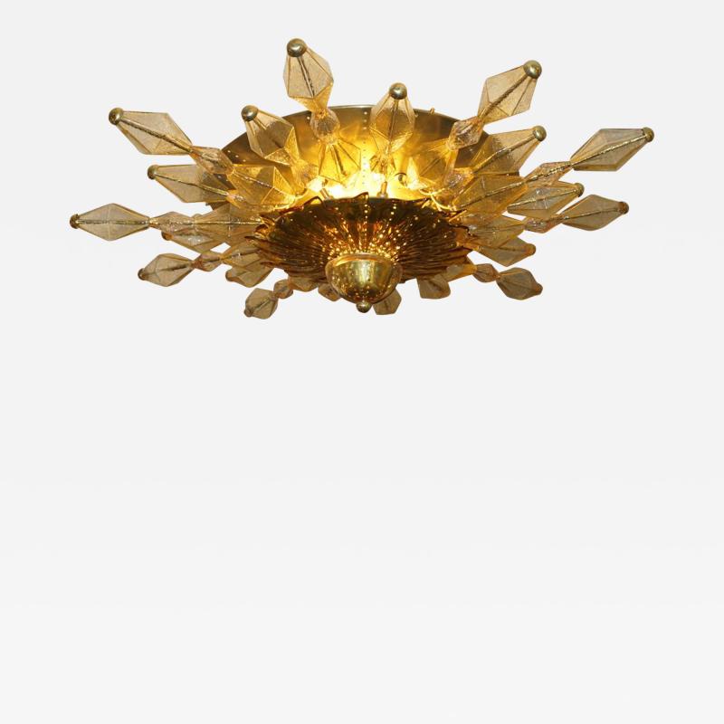 1980s Italian Unique Gold Brass and Amber Murano Glass Sunburst Chandelier