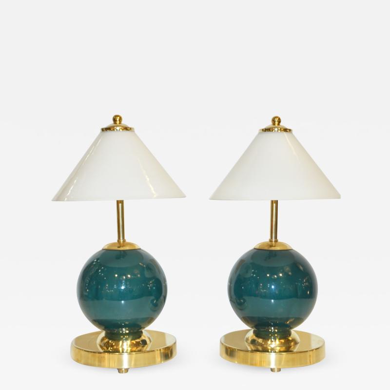 1980s Italian Vintage White Jade Green Murano Glass Brass Desk Table Lamps