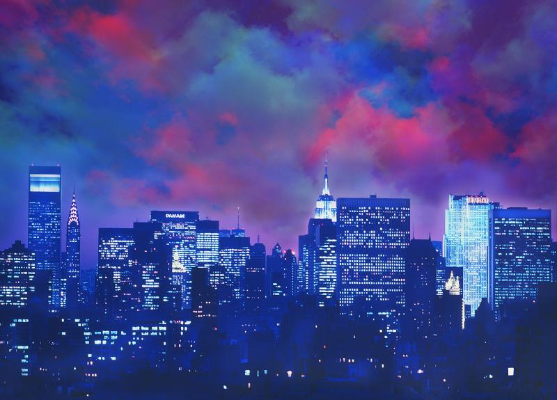 1980s Manhattan Skyline at Night with Pan Am Building and Chrysler Building