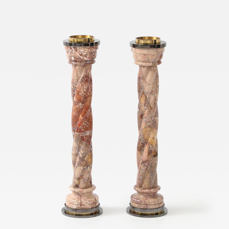 1980s Spiral Marble Steel And Brass Candle Holders