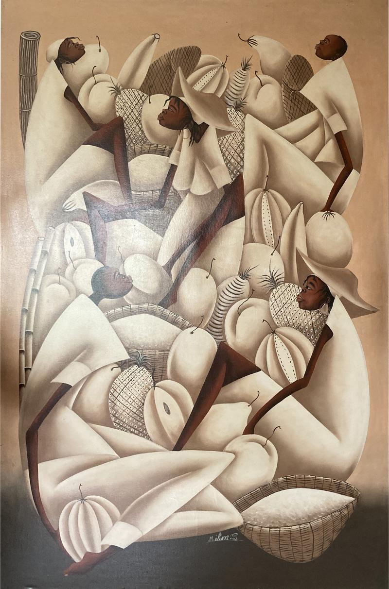 1980s painting showing African women with all around some fruits