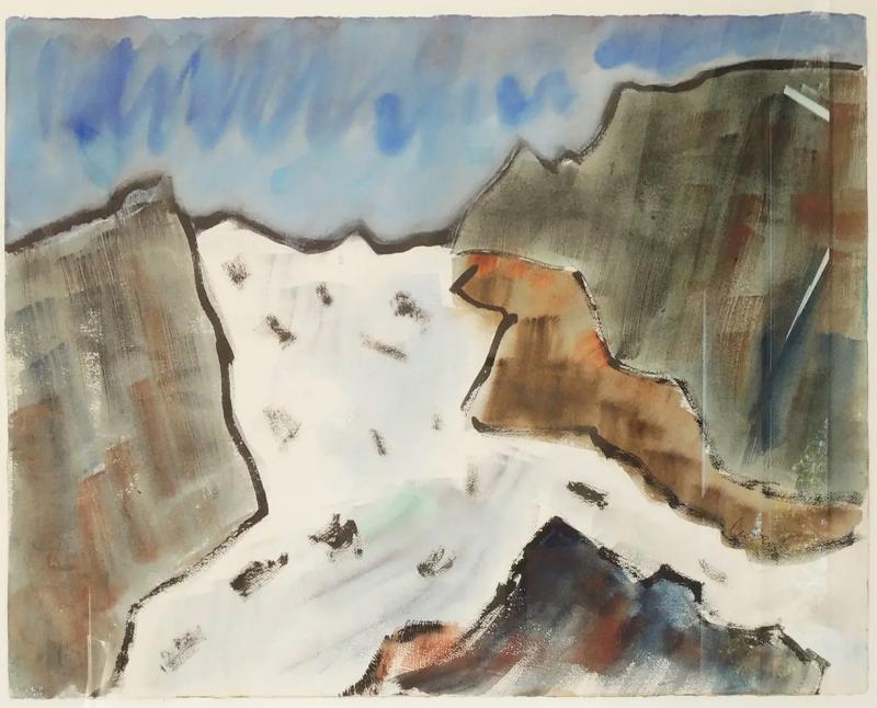 1990s Ice Flow Abstract Landscape Watercolor Painting by Leo Brooks Framed