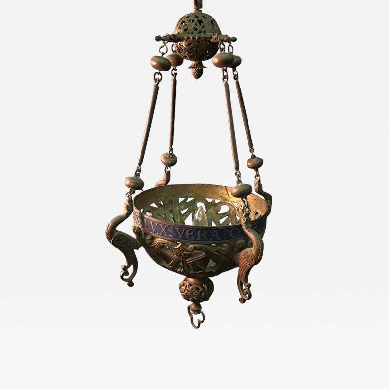 19TH CENTURY BRONZE CHURCH CHANDELIER WITH GRIFFINS AND LATIN PHRASES