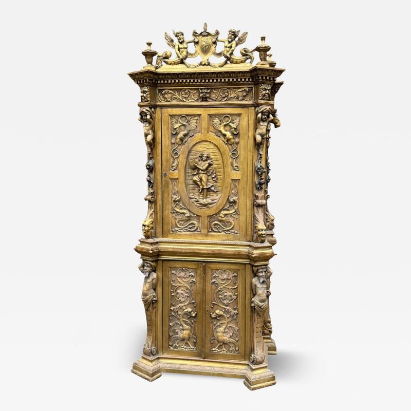 19TH CENTURY ELABORATE GILT FANTASTICAL CARVED ALLEGORICAL ITALIAN TALL CABINET
