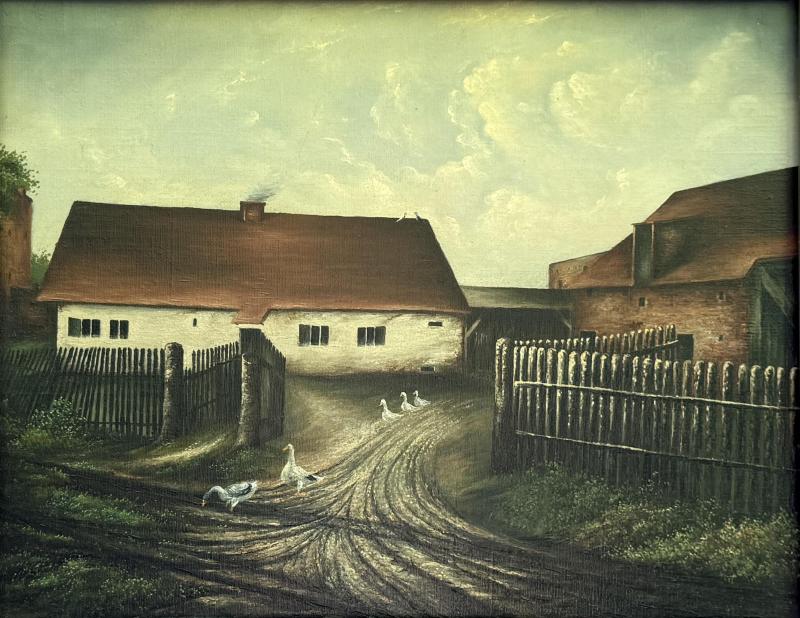 19TH CENTURY FARMHOUSE LANDSCAPE GAGGLE OF GEESE PIGEONS ON ROOFTOP PAINTING