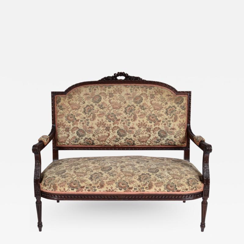 19TH CENTURY FRENCH LOUIS XVI SETTEE UPHOLSTERED WALNUT