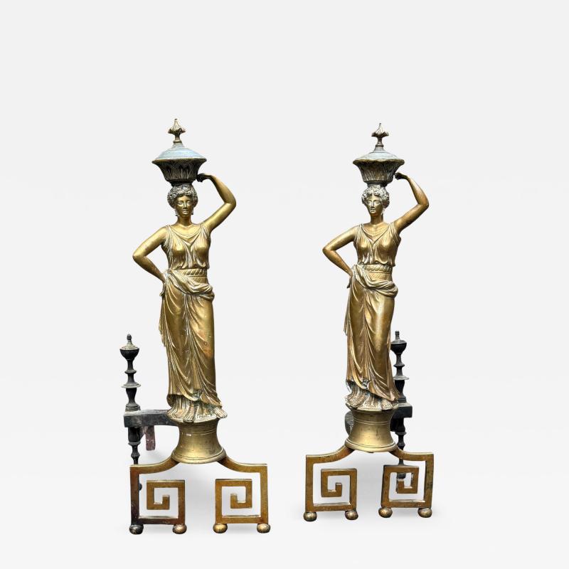 19TH CENTURY GILT BRONZE GRECIAN DRAPED WOMAN ANDIRONS WITH GREEK KEY BASES