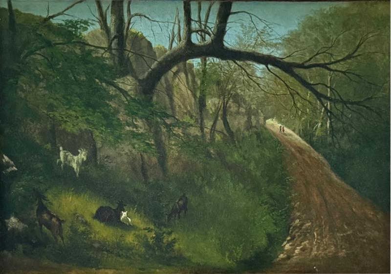 19TH CENTURY GOAT FAMILY ON HILLY LANDSCAPE IN ORIGINAL GILT FRAME PAINTING