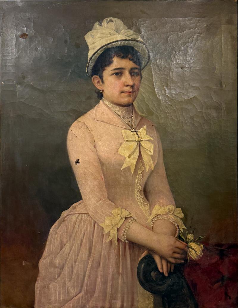 19TH CENTURY PORTRAIT OF A WOMAN IN FANCY BOWED PINK DRESS RIBBONED HAT