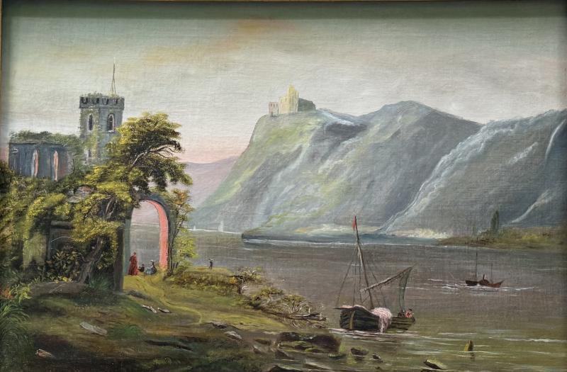 19TH CENTURY SCENIC CASTLE ON SHORE LANDSCAPE PAINTING IN ORIGINAL GILT FRAME