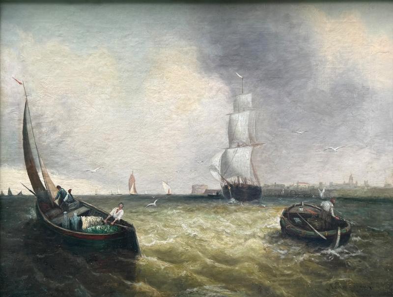 19TH CENTURY SHIPS FISHING BOATS OFF ITALIAN COAST PAINTING
