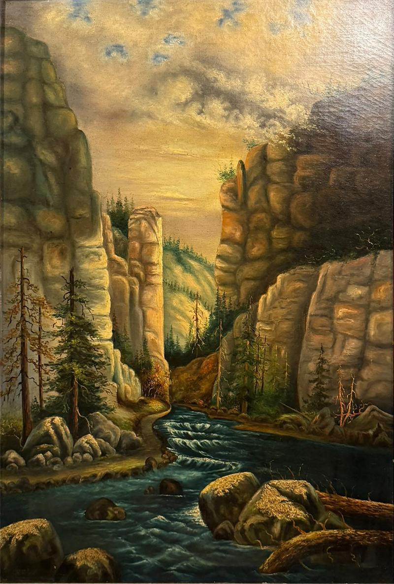 19TH CENTURY UNIQUELY COLORED RIVER IN FORESTED STONE CANYON OIL PAINTING