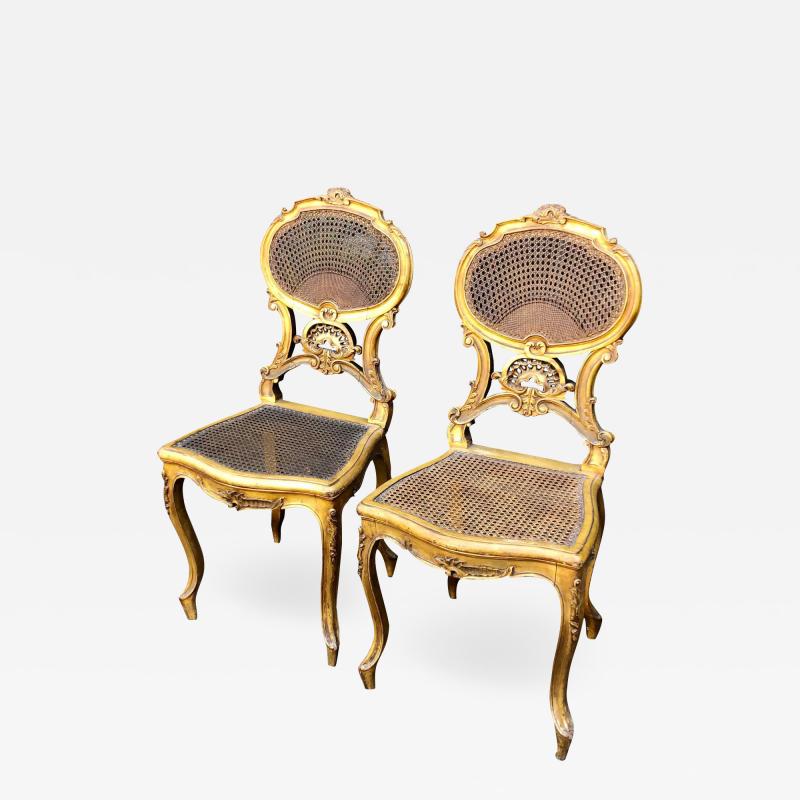 19th C Antique Louis XV Petit Boudoir Giltwood Cane Back Chairs