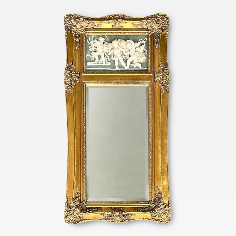 19th C French Neoclassical Beveled Trumeau Mirror Cherub Bas Relief Panel
