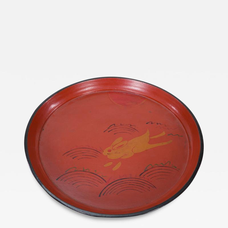 19th C Japanese Red Lacquer Tray with Rabbit Running Over Waves Under Full Moon