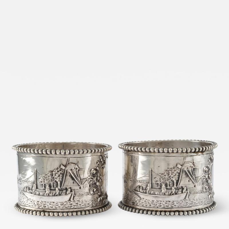 19th C Pair of Napkin Rings Dutch Sterling Silver Repousse