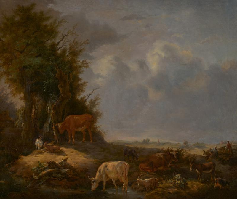 19th C Romanticism Landscape Karel De San Cattle at the Waterhole