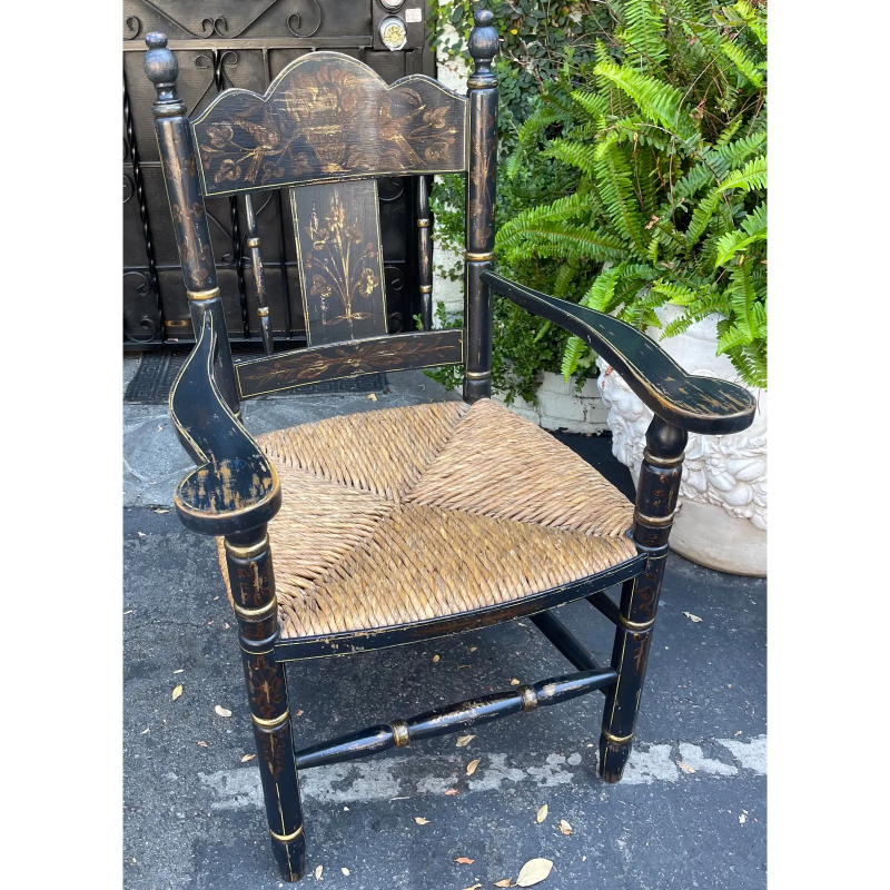 19th C Style Black & Gold Chinoiserie Rush Seat French Country Arm Chairs
