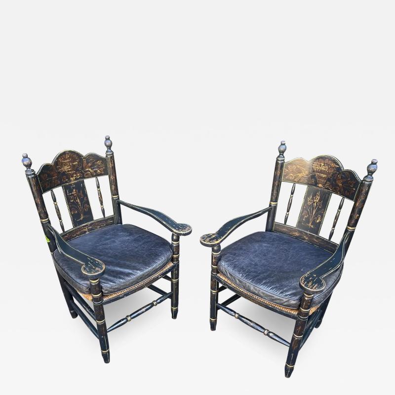 19th C Style Black Gold Chinoiserie Rush Seat French Country Arm Chairs