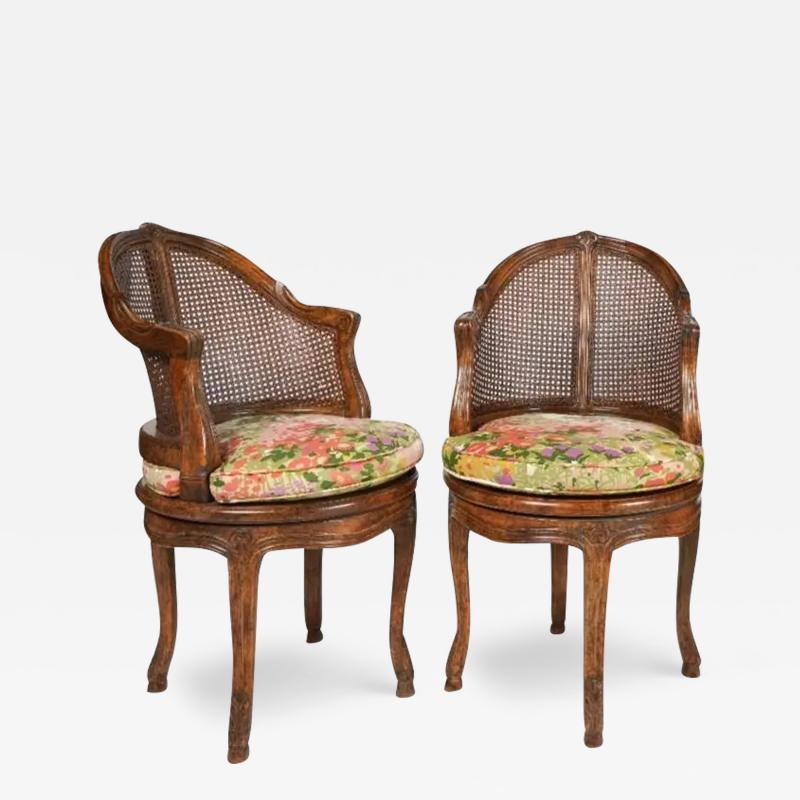 19th C Style French Provincial Cane Back Swivel Barrel Chairs a Pair