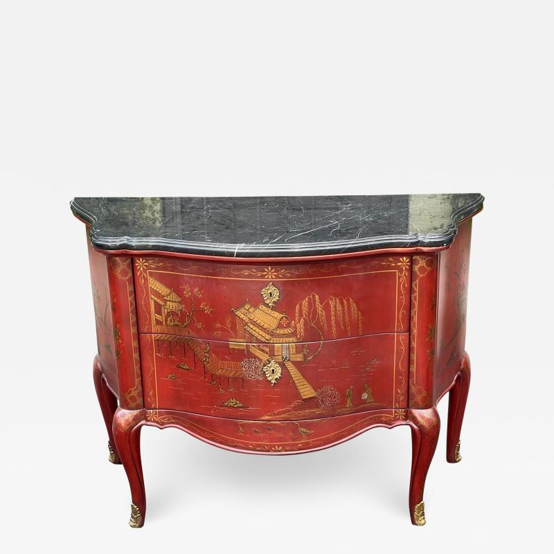 19th C Style Red Chinoiserie Black Marble Commode