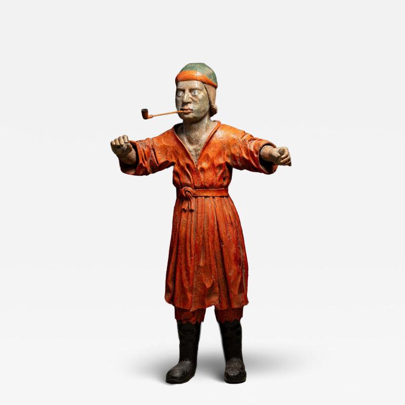 19th C Tobacco Shop Publicity Statue smoking a pipe polychromed wood