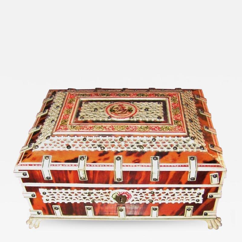 19th Century Anglo Indian Vizagapatam Shell and Colored Bone Trinket Box