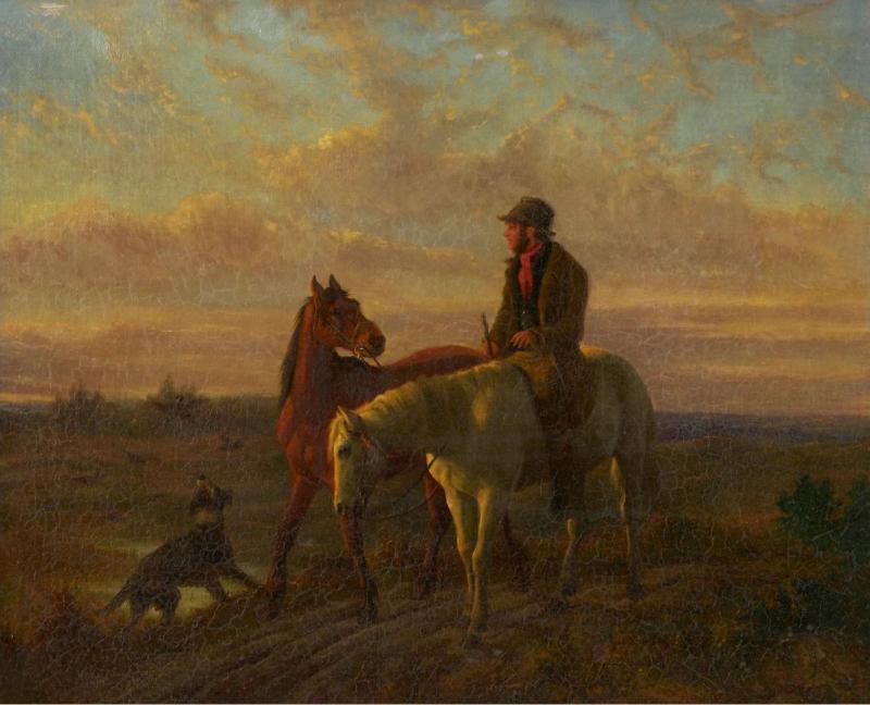 19th Century Antique Equestrian Oil Landscape Painting of Figure w Horses