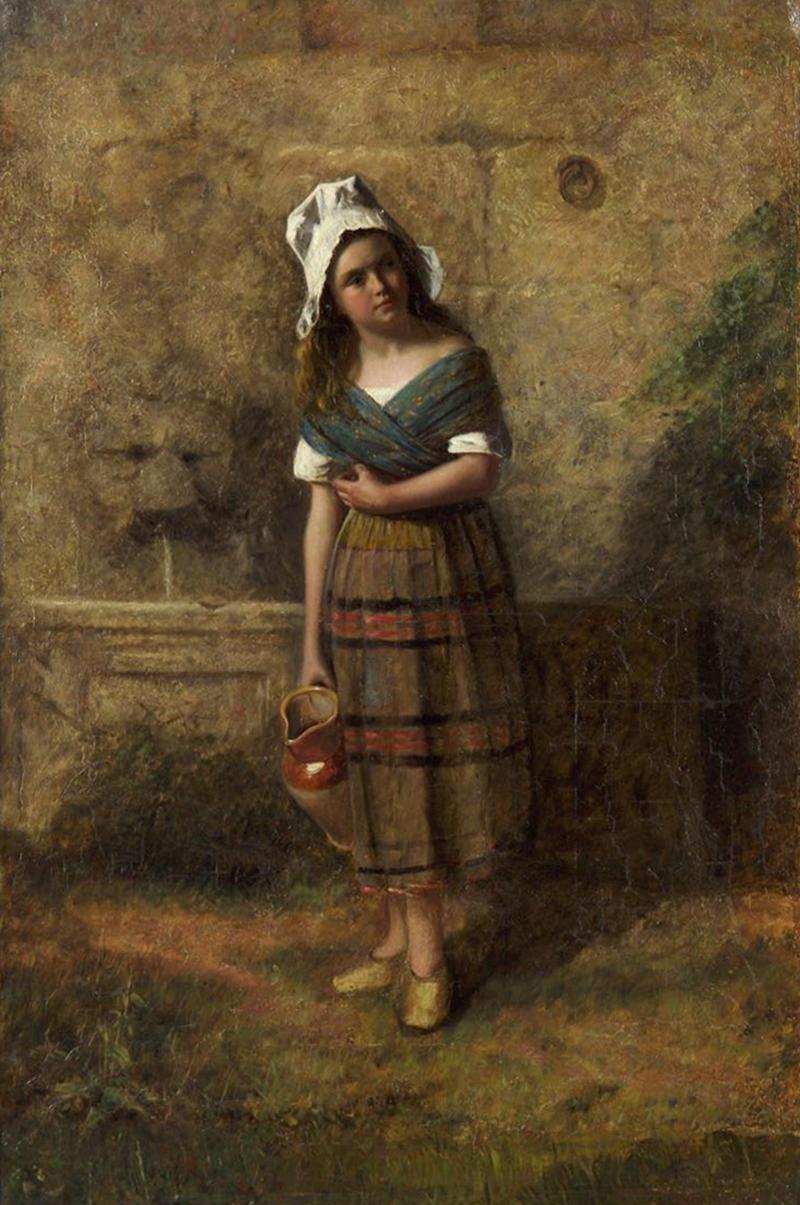 19th Century Antique Oil Painting of Young Girl at Wall Fountain 