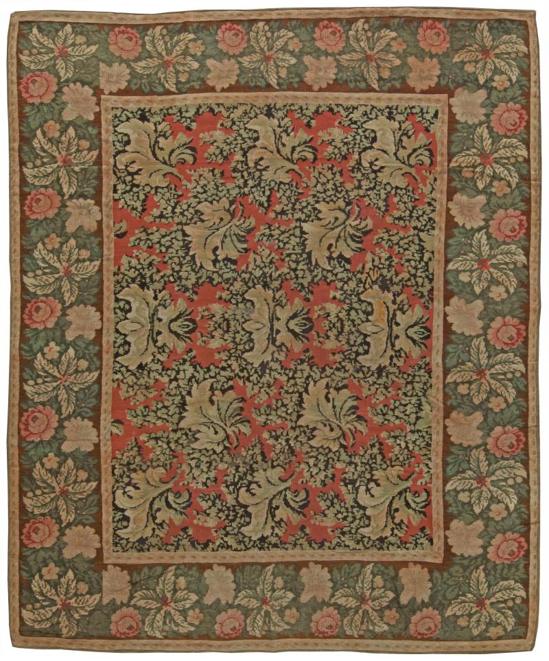19th Century Bessarabian Brick Red Green Pale Moss and Pink Handmade Rug
