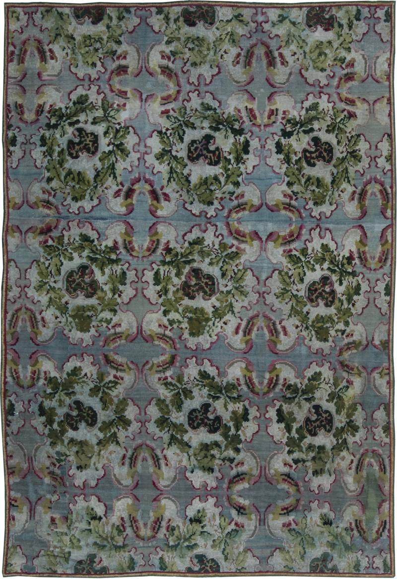 19th Century Bessarabian Floral Design Wool Rug in Deep Fuchsia Blue and Green