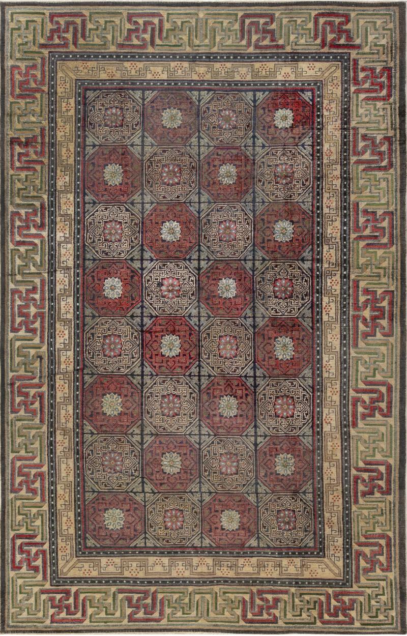 19th Century Bold Chinese Silk Rug in Red Black Beige and Brown