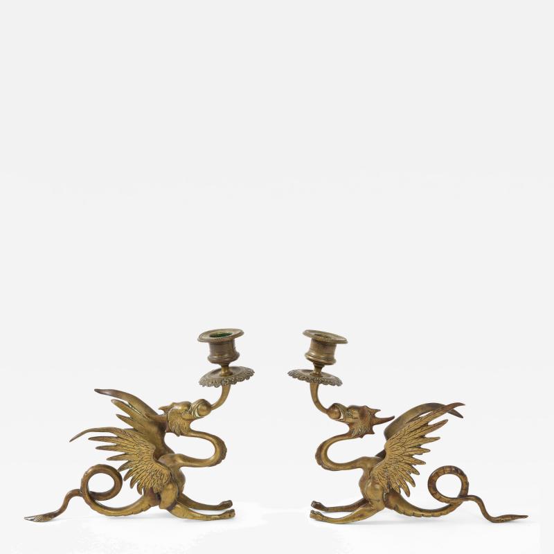 19th Century Bronze Griffin Candlesticks