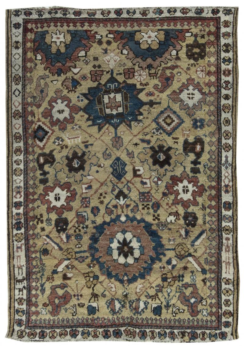 19th Century Caucasian Beige Indigo White Rosewood Brown Handmade Wool Rug